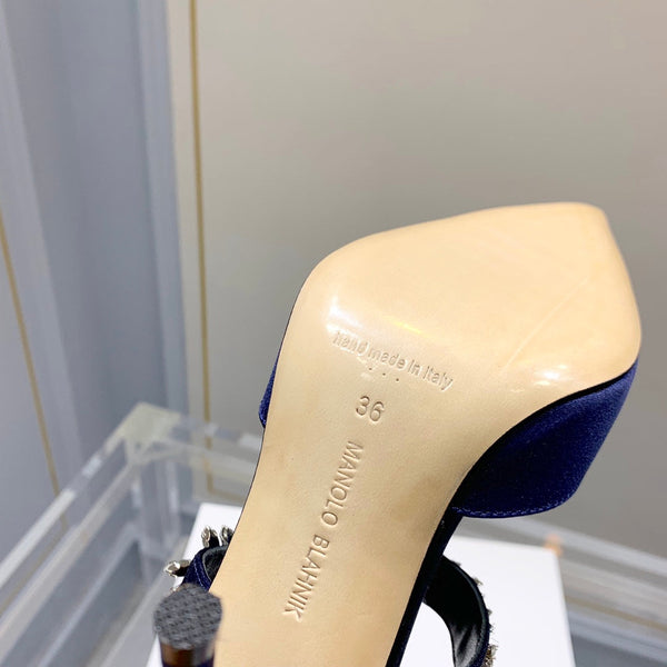 Manolo Mules Crystal Navy Blue Silk Satin 219378
