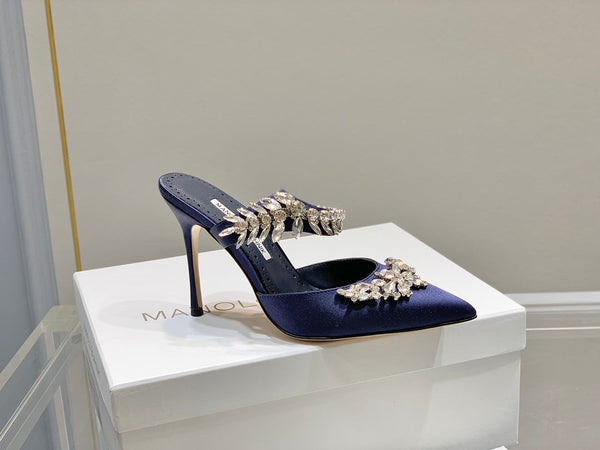 Manolo Mules Crystal Navy Blue Silk Satin 219378