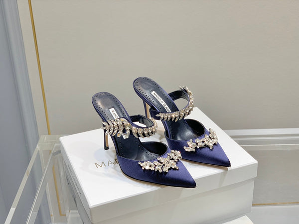 Manolo Mules Crystal Navy Blue Silk Satin 219378