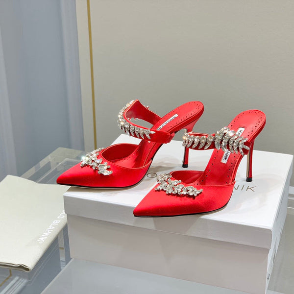 Manolo Mules Crystal Red Silk Satin 219379