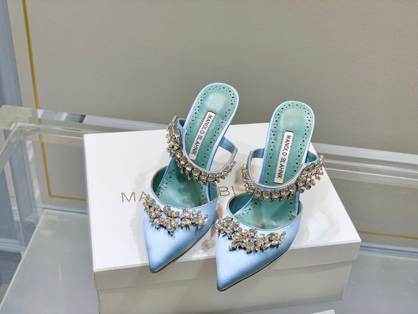 Manolo Mules Crystal Blue Silk Satin 219380