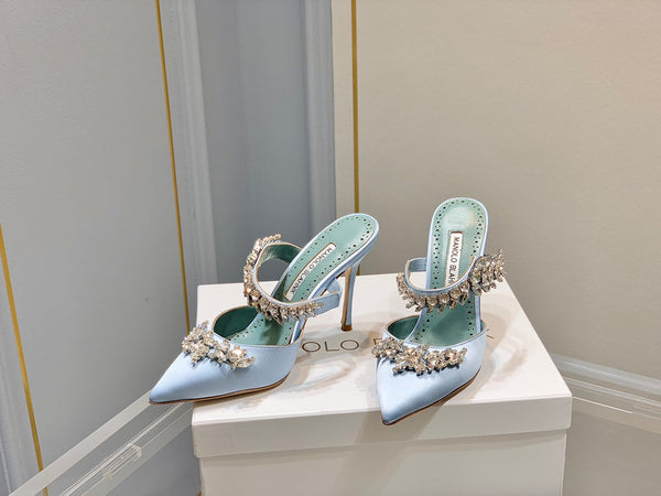 Manolo Mules Crystal Blue Silk Satin 219380