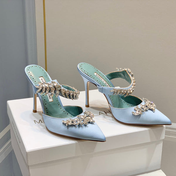 Manolo Mules Crystal Blue Silk Satin 219380