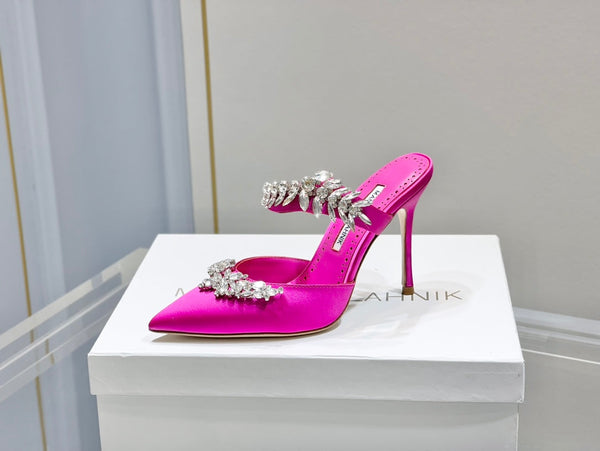 Manolo Mules Crystal Dark Pink Silk Satin 219382