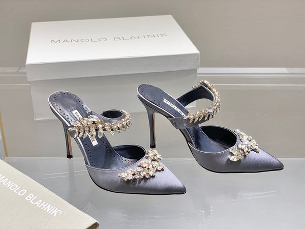 Manolo Mules Crystal Grey Silk Satin 219383