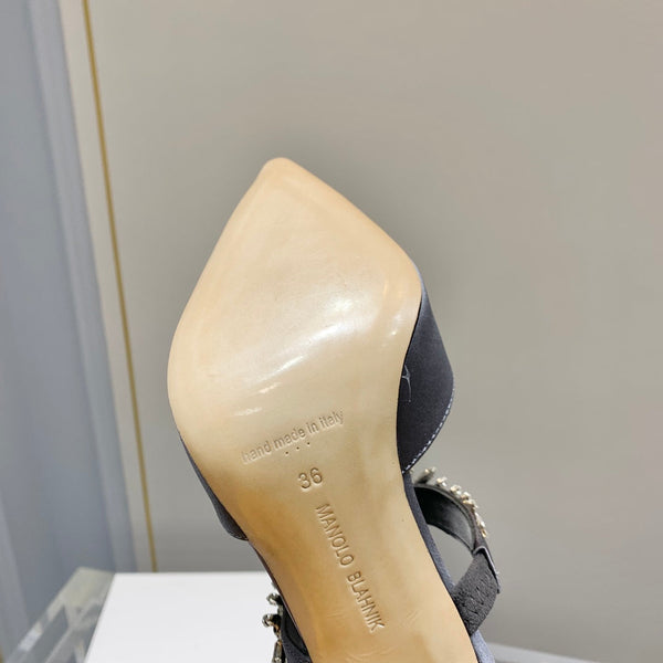 Manolo Mules Crystal Grey Silk Satin 219383