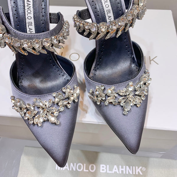 Manolo Mules Crystal Grey Silk Satin 219383
