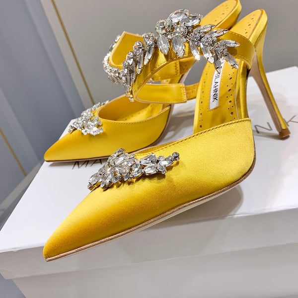Manolo Mules Crystal Yellow Silk Satin 219384