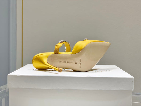 Manolo Mules Crystal Yellow Silk Satin 219384