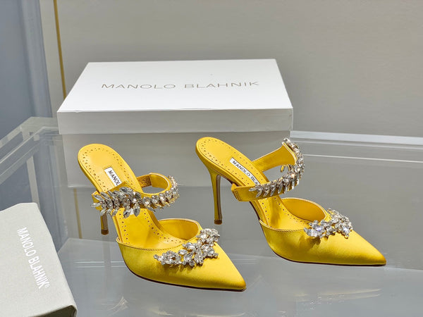 Manolo Mules Crystal Yellow Silk Satin 219384