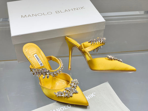 Manolo Mules Crystal Yellow Silk Satin 219384