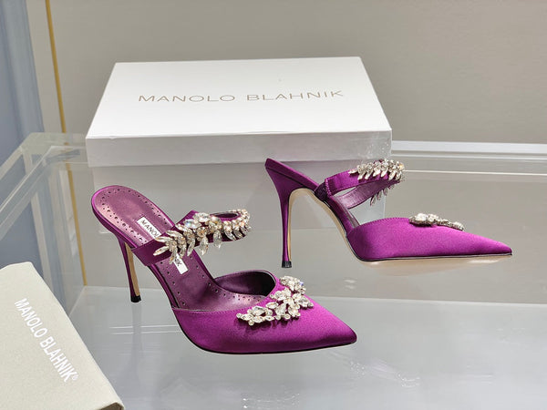 Manolo Mules Crystal Purple Silk Satin 219385