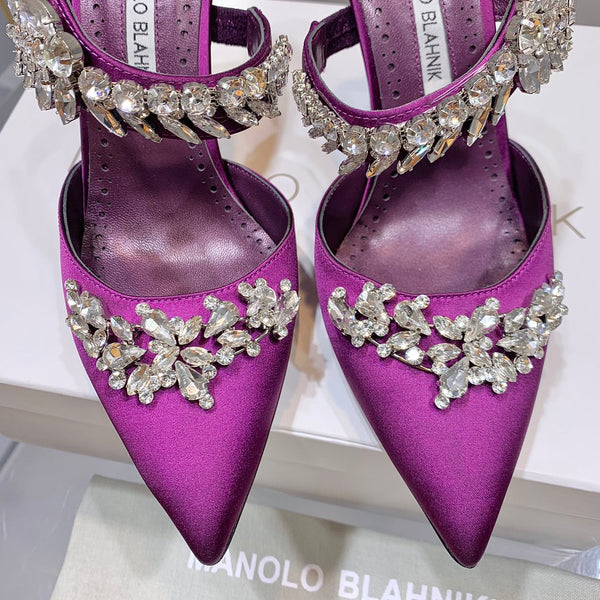 Manolo Mules Crystal Purple Silk Satin 219385
