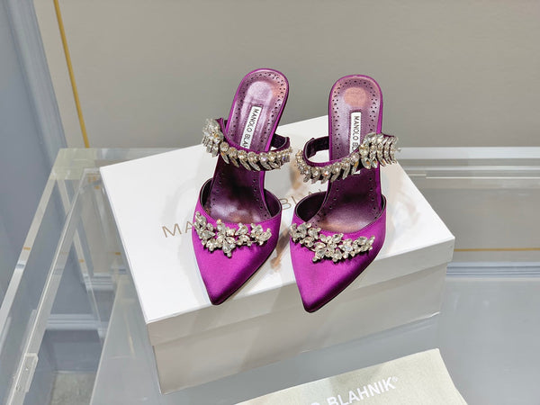 Manolo Mules Crystal Purple Silk Satin 219385