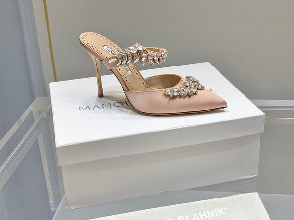 Manolo Mules Crystal Pink Silk Satin 219386