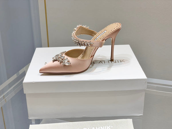 Manolo Mules Crystal Pink Silk Satin 219386