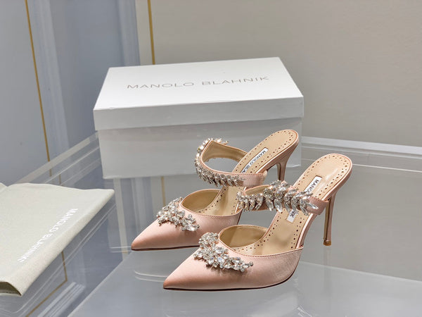 Manolo Mules Crystal Pink Silk Satin 219386