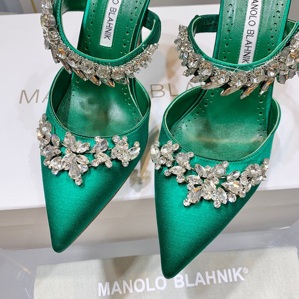 Manolo Mules Crystal Green Silk Satin 219387