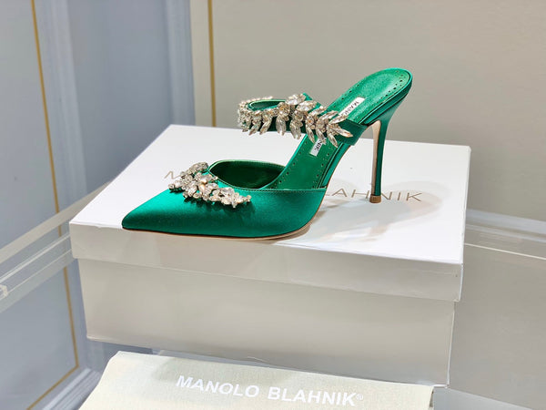 Manolo Mules Crystal Green Silk Satin 219387