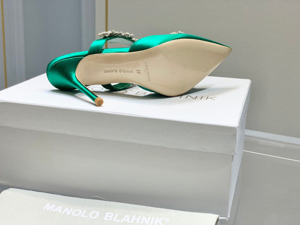 Manolo Mules Crystal Green Silk Satin 219387