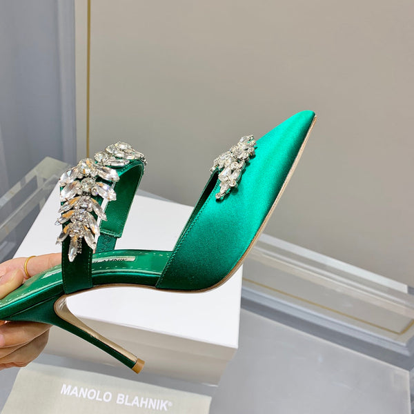 Manolo Mules Crystal Green Silk Satin 219387