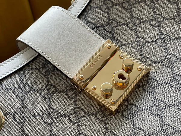 BORSA A TRACOLLA GG PADLOCK LARGE 35 IN TELA BEIGE E PELLE DI VITELLO BIANCA