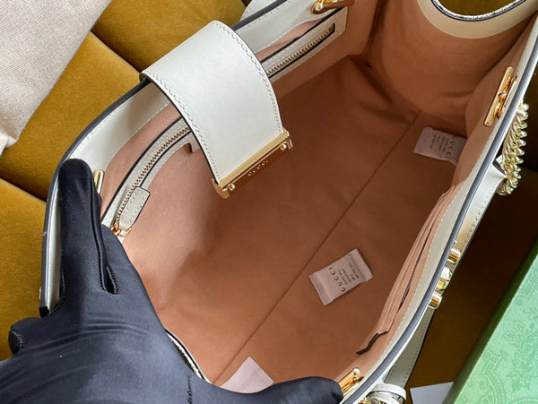 BORSA A TRACOLLA GG PADLOCK LARGE 35 IN TELA BEIGE E PELLE DI VITELLO BIANCA