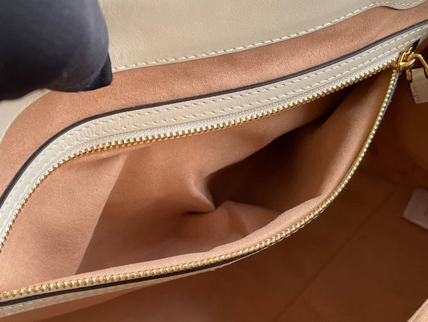 BORSA A TRACOLLA GG PADLOCK LARGE 35 IN TELA BEIGE E PELLE DI VITELLO BIANCA