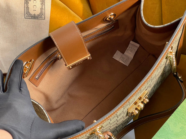 BORSA A TRACOLLA GG PADLOCK LARGE 35 IN TELA BEIGE E PELLE DI VITELLO MARRONE