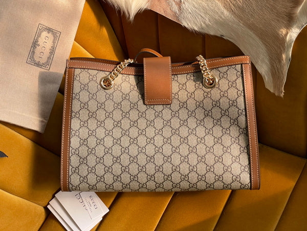 BORSA A TRACOLLA GG PADLOCK LARGE 35 IN TELA BEIGE E PELLE DI VITELLO MARRONE