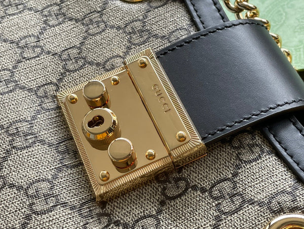 BORSA A TRACOLLA GG PADLOCK MEDIUM 26 IN TELA BEIGE E PELLE DI VITELLO NERA