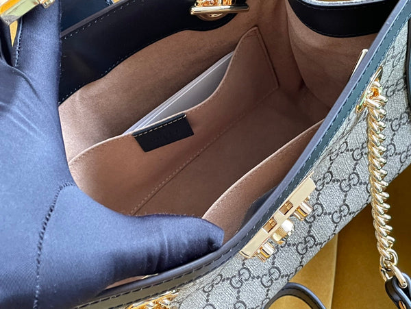 BORSA A TRACOLLA GG PADLOCK MEDIUM 26 IN TELA BEIGE E PELLE DI VITELLO NERA