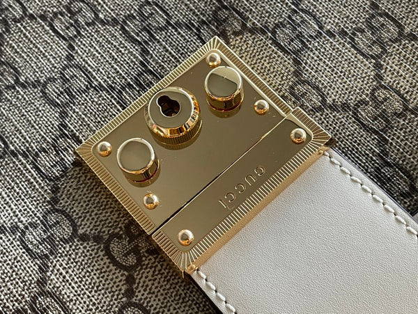 BORSA A TRACOLLA GG PADLOCK MEDIUM 26 IN TELA BEIGE E PELLE DI VITELLO BIANCA