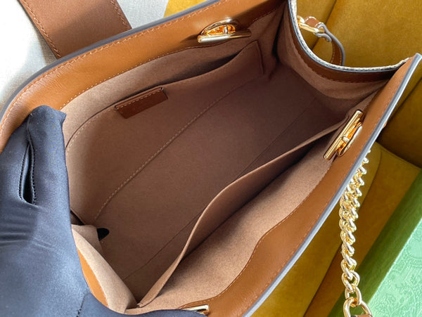 BORSA A TRACOLLA GG PADLOCK MEDIUM 26 IN TELA BEIGE E PELLE DI VITELLO MARRONE