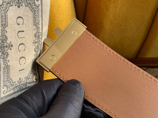 BORSA A TRACOLLA GG PADLOCK MEDIUM 26 IN TELA BEIGE E PELLE DI VITELLO MARRONE