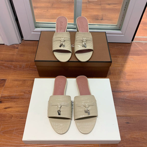 Summer Charms Sandals Mule Beige Crocodile Pattern Pink Lambskin