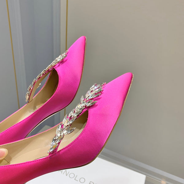 Manolo Wheat Ear Rhinestone High Heels Pumps Dark Pink Silk Fabric 327452