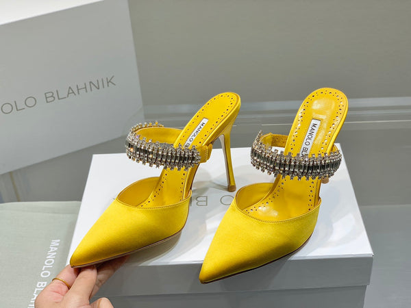 Manolo Mules Diamond Buckle Yellow Silk Satin 218811