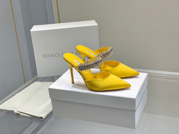Manolo Mules Diamond Buckle Yellow Silk Satin 218811