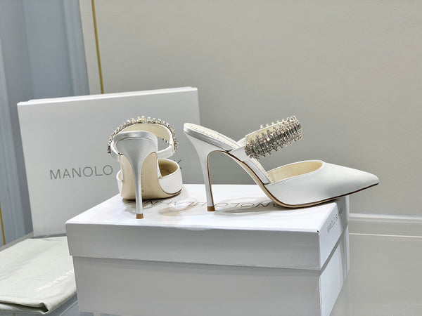 Manolo Mules Diamond Buckle White Silk Satin 218814