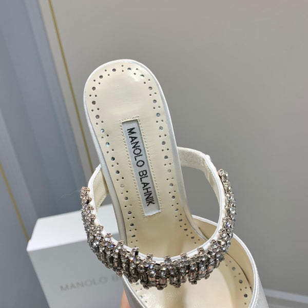 Manolo Mules Diamond Buckle White Silk Satin 218814