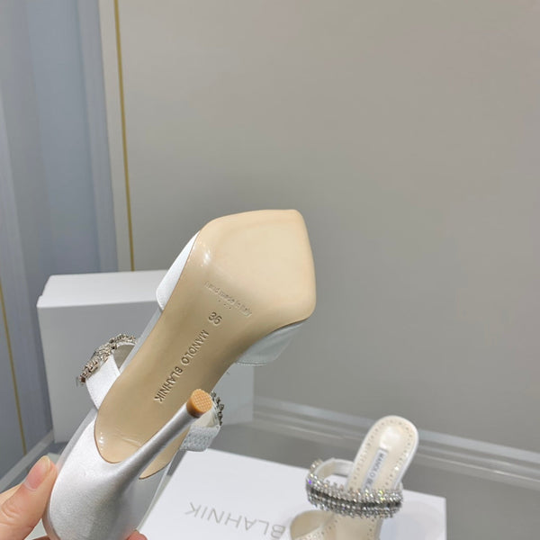 Manolo Mules Diamond Buckle White Silk Satin 218814