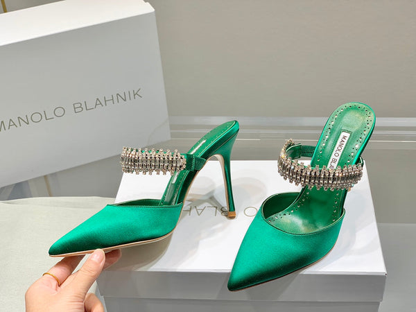 Manolo Mules Diamond Buckle Green Silk Satin 218813