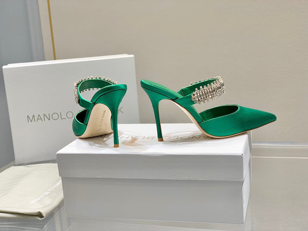 Manolo Mules Diamond Buckle Green Silk Satin 218813
