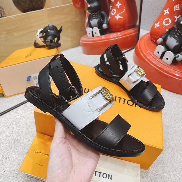 Sandalo piatto LV Academy in pelle di vacchetta nera e bianca