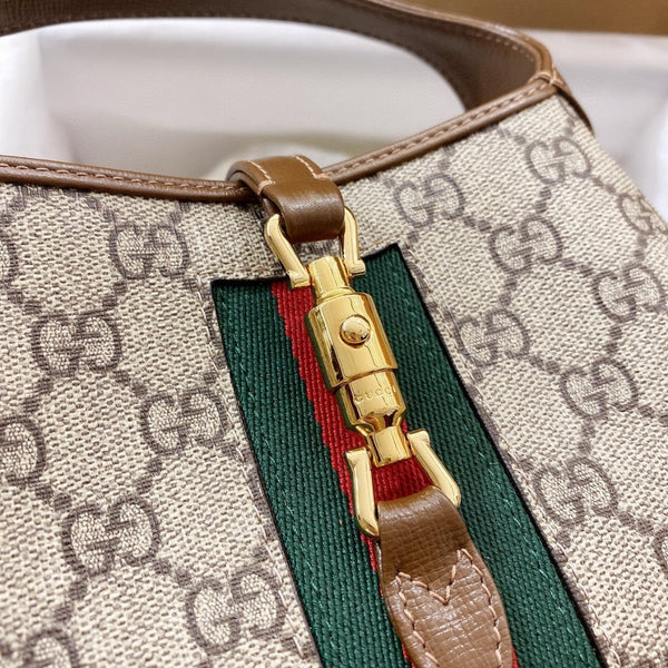 BORSA A TRACOLLA JACKIE 1961 MINI 19 IN TELA BEIGE E PELLE DI VITELLO MARRONE