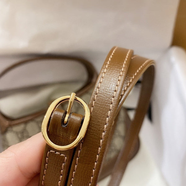 BORSA A TRACOLLA JACKIE 1961 MINI 19 IN TELA BEIGE E PELLE DI VITELLO MARRONE