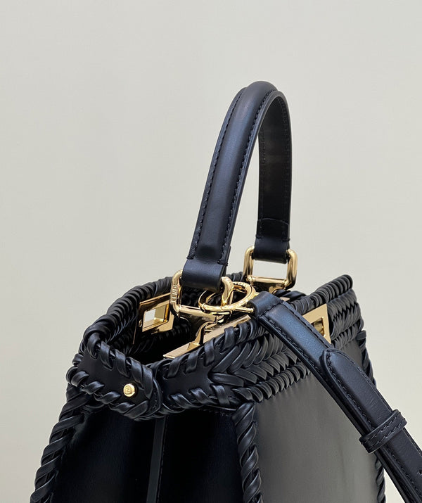 PEEKABOO ISEEU 27 IN BLACK SMOOTH CALFSKIN WITH WOVEN TRIM GOLD HARDWARE