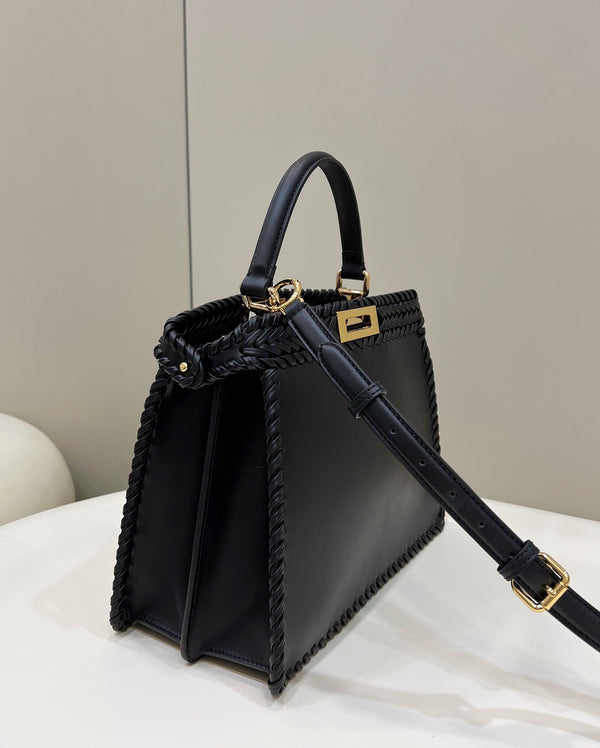 PEEKABOO ISEEU 27 IN BLACK SMOOTH CALFSKIN WITH WOVEN TRIM GOLD HARDWARE