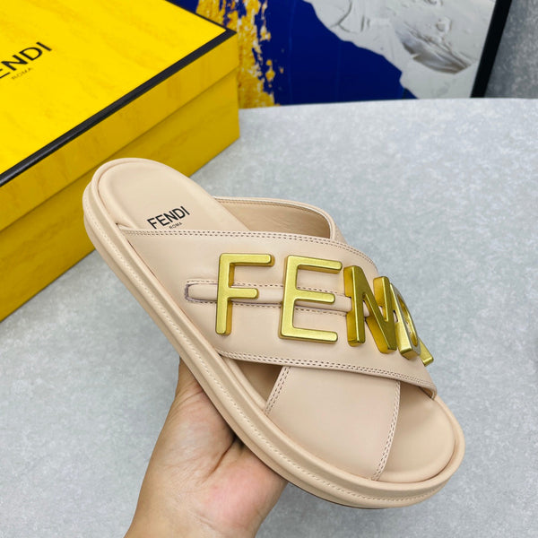 FENDI GRAPHY LOGO LETTERING SLIDES IN BEIGE LAMBSKIN WITH GOLD HARDWARE